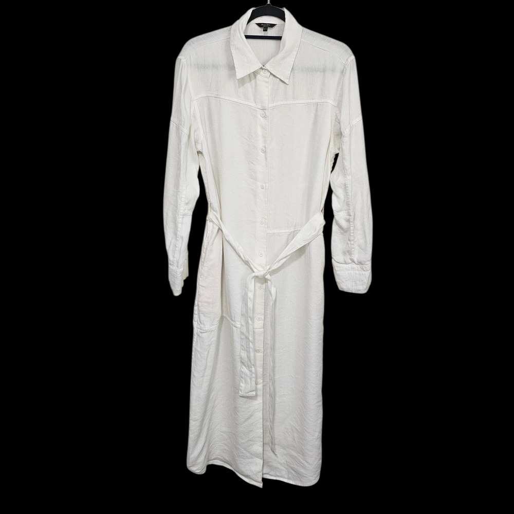Massimo Dutti L Linen Blend Maxi Shirt Dress White Belted Minimalist Lagenlook